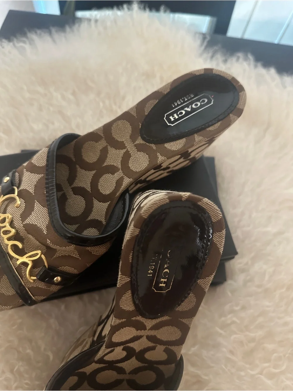 Coach Signature Logo Canvas Wedge Slide Sandals Open Toe Brown Beige 7B